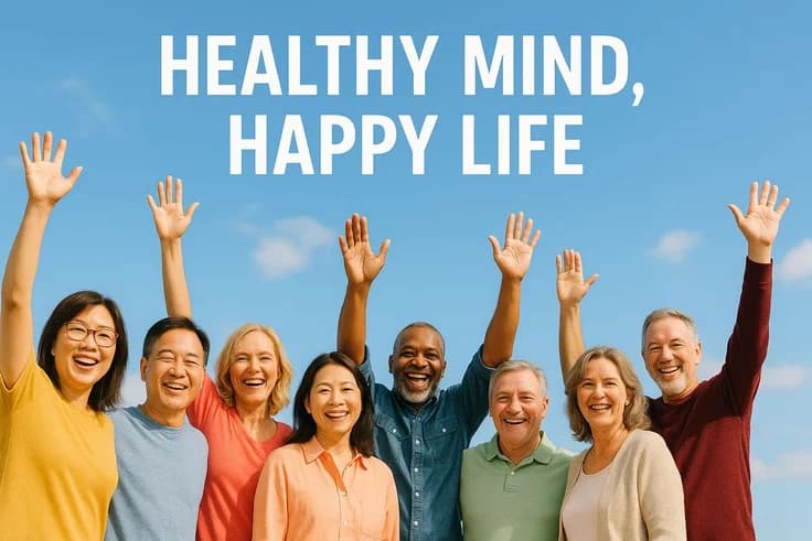 A group of people smiling with their arms raised under a blue sky