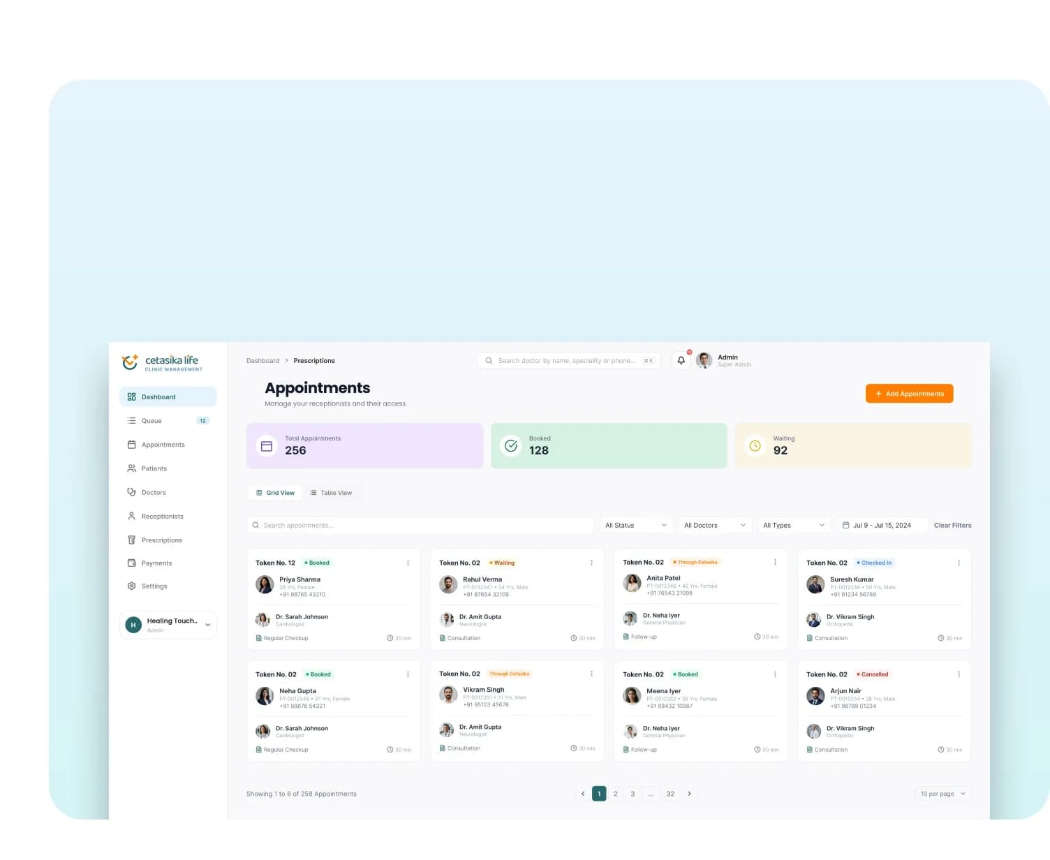 The Cetasika CMS appointments screen listing today's booked, waiting and completed tokens